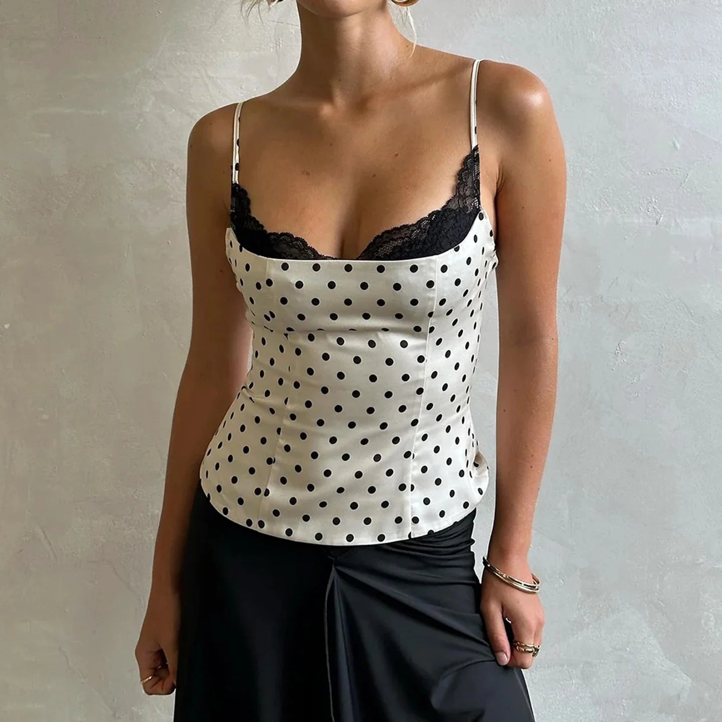 Chic Lace Patchwork Polka Dot Camis Tops Elegant Sleeveless Tank Tops Summer Casual Daily Wear Streetwear Camisole 2026