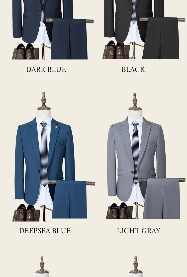 High Quality Men's Suit Slim Fit Solid Color Suit Formal Business Office Single Breasted Coat Pants 2 Pieces Set