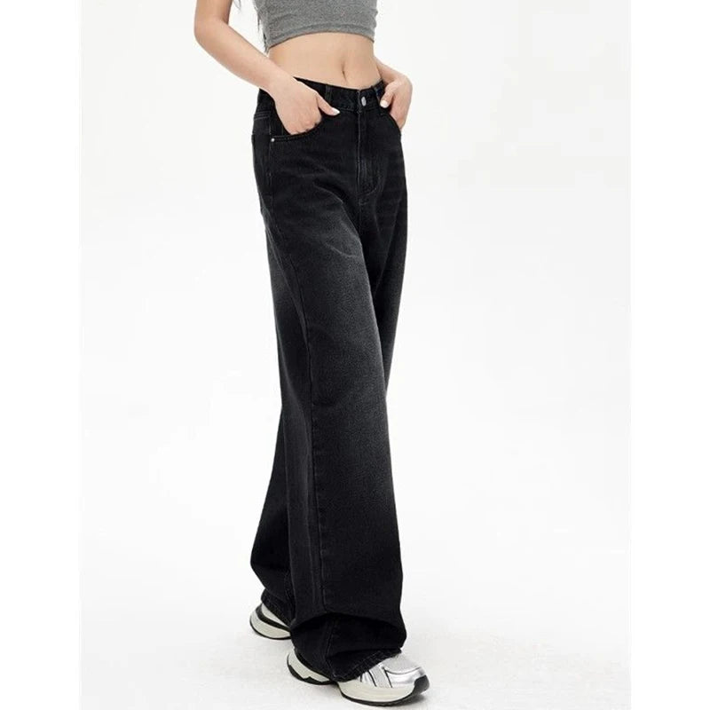 Lady Retro Black Gray High Waist Jeans Pants Women Fashion Straight Leg Denim Trousers Girls Loose Fit Thin Casual Pants