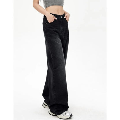 Lady Retro Black Gray High Waist Jeans Pants Women Fashion Straight Leg Denim Trousers Girls Loose Fit Thin Casual Pants