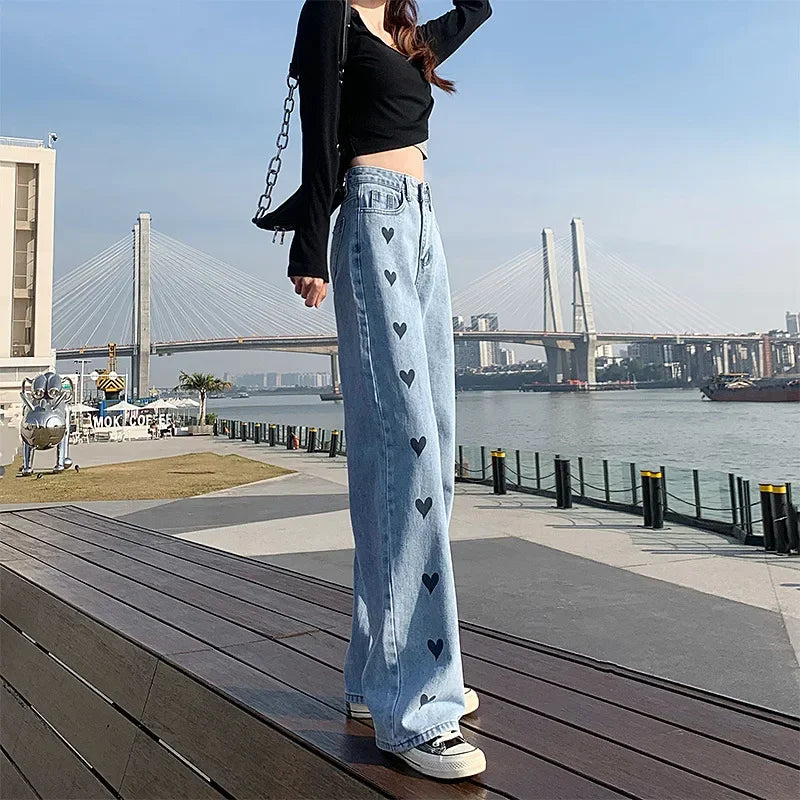 Women's Straight-leg Loose-fit Heart Embroidery Draped Trailer Pants