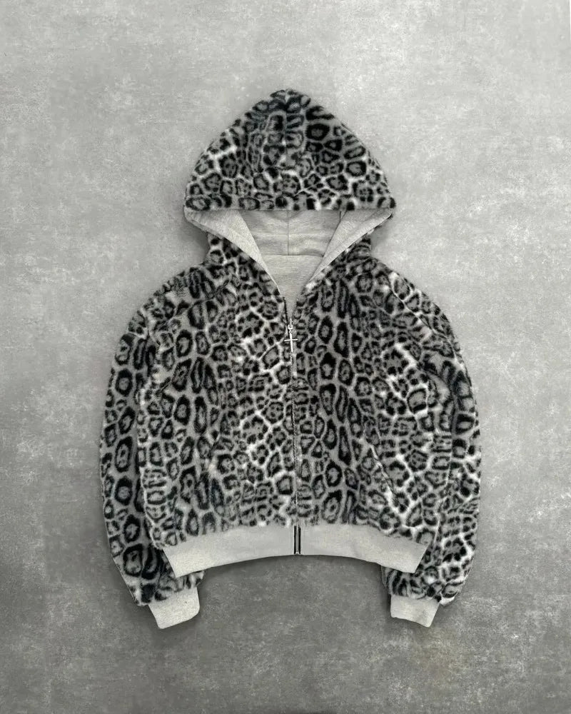 Hip-hop Nova Roupa Dupla Face Harajuku Retro Estampa de Leopardo Moda Solta Zíper Moletom Masculino Street Casual Feminino