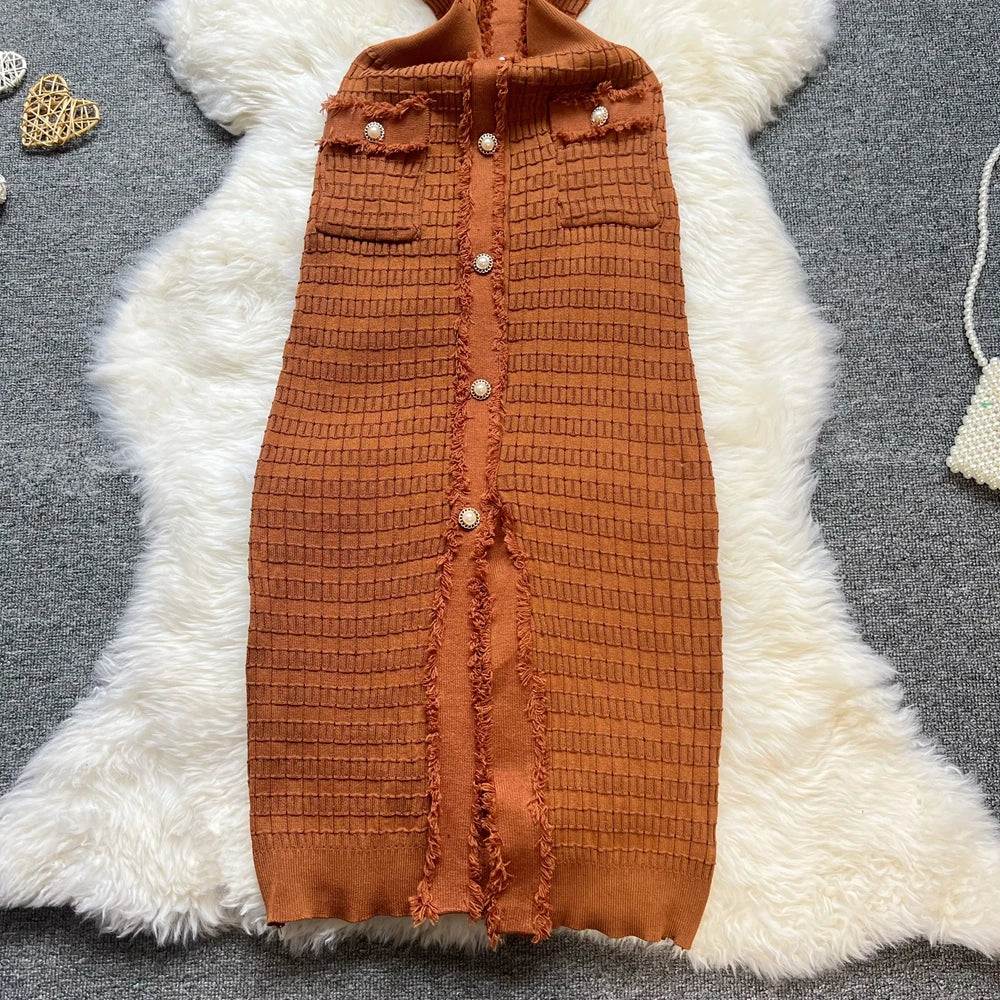 Fashion Sexy Package Hips Knitted Dress Women V-neck Single-breasted Bodycon Sweater Dress Office Lady Vestidos