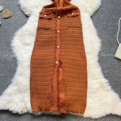 Fashion Sexy Package Hips Knitted Dress Women V-neck Single-breasted Bodycon Sweater Dress Office Lady Vestidos