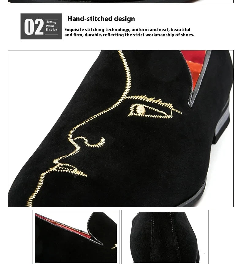 Frosted embroidered beanie shoes men's leather Korean version all match pointed leather shoes men's personality casual shoes