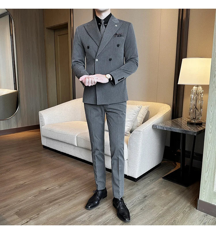 (Jackets+Pants) Luxury Double Breasted Design Slim Fit Suit High Quality Fashion Men's Wedding Social Suit Tuxedo 2 Piece Set