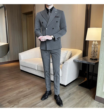 (Jackets+Pants) Luxury Double Breasted Design Slim Fit Suit High Quality Fashion Men's Wedding Social Suit Tuxedo 2 Piece Set