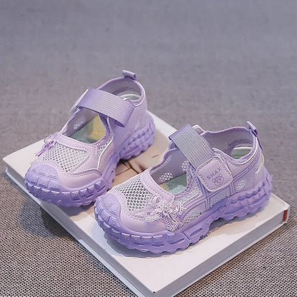 2026 summer new girls' bow mesh toe sandals soft and casual beach sandals children's outdoor walking non slip flat shoes