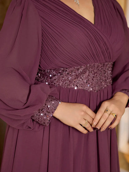 Plus Size V-Neck Sequin Panel Splice Chiffon Evening Dress Women's Elegant Glitter Gown for Formal Occasions