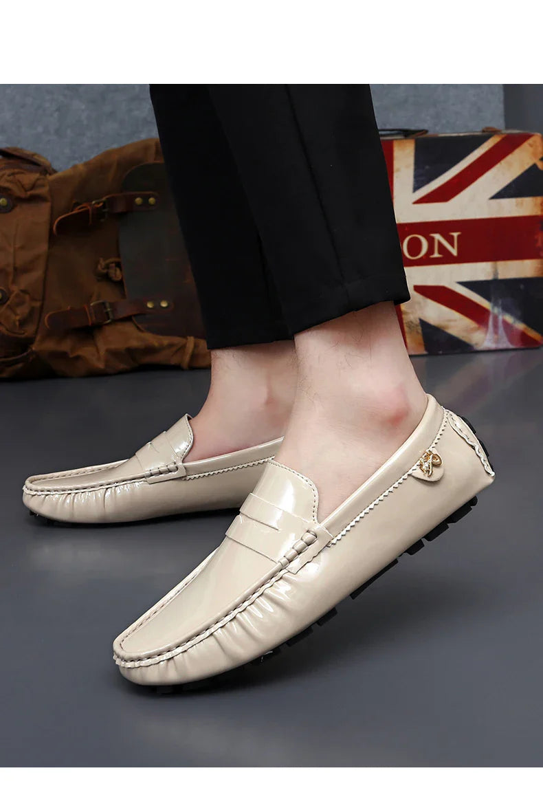 Patent Leather Beanie Shoes Men's New Spring and Summer Large Size Patent Leather Casual British Leather Shoes Women's Slip-On Lazy Casual Shoes Handmade Shoes