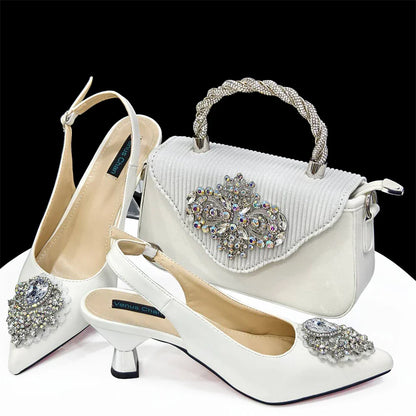 Nigerian Women's Pink High Heel Frosted Crystal Shiny Rhinestone Party Italian Design Pointed Shoes And Bag Set