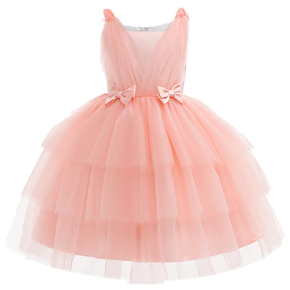 Summer Bow Bridemaid Party Girls Dresses Elegant Tulle Birthday Wedding Princess Dress for Girl New Years Prom Christmas Costume