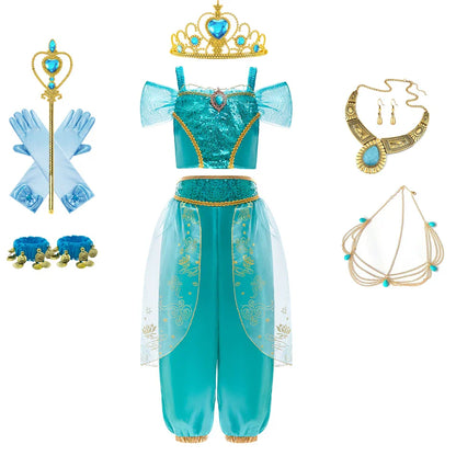 Aladdin Princess Girl Dress Jasmine Two-piece Set Kids Film Role Play Costume Halloween Party Clothes Children Birthday Gift