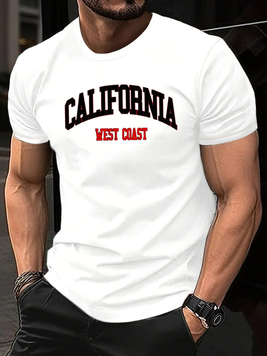 100% pure cotton summer men's casual loose California letter printed sports breathable short sleeved round neck T-shirt
