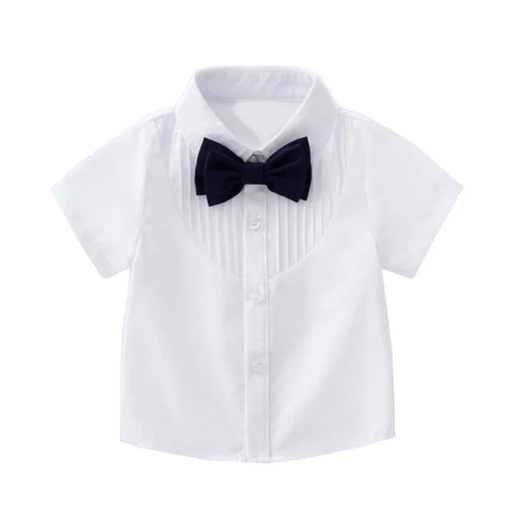Summer Children's Clothing Short Sleeve Lapel Wrinkle Shirt with Solid Overalls Boy Gentleman Wedding Costume Cotton Kid Suit