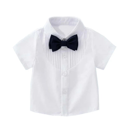 Summer Children's Clothing Short Sleeve Lapel Wrinkle Shirt with Solid Overalls Boy Gentleman Wedding Costume Cotton Kid Suit