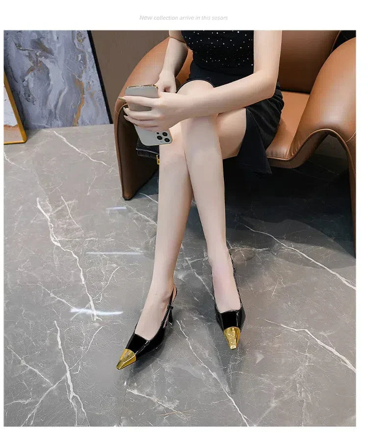 New Summer Women's High-heeled Sandals Gold Iron Head Patent Leather Black Stiletto Square Head Closed Toe Sling Back Shoes
