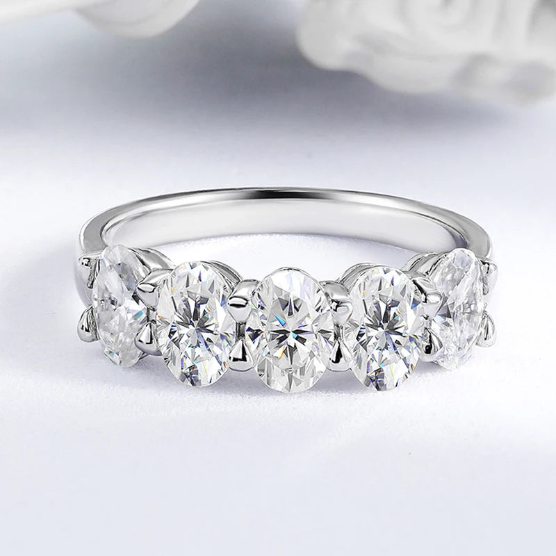4*6mm Oval Cut Full Moissanite Ring for Women 5 Stone Lab Diamond Half Eternity Band Luxury Jewelry 925 Sterling Silver
