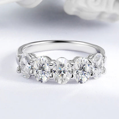 4*6mm Oval Cut Full Moissanite Ring for Women 5 Stone Lab Diamond Half Eternity Band Luxury Jewelry 925 Sterling Silver