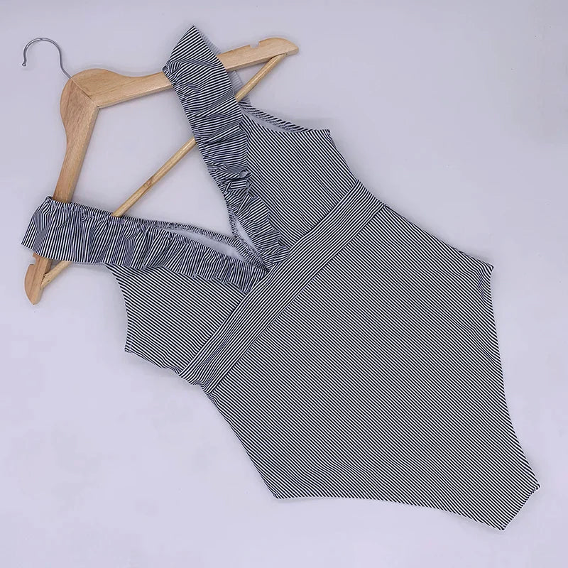 Sexy One Piece Swimsuit 2023 Women Striped Ruffled Swimwear Women Vintage Print Monokini Female Bodysuit Girl Beach Bathing Suit