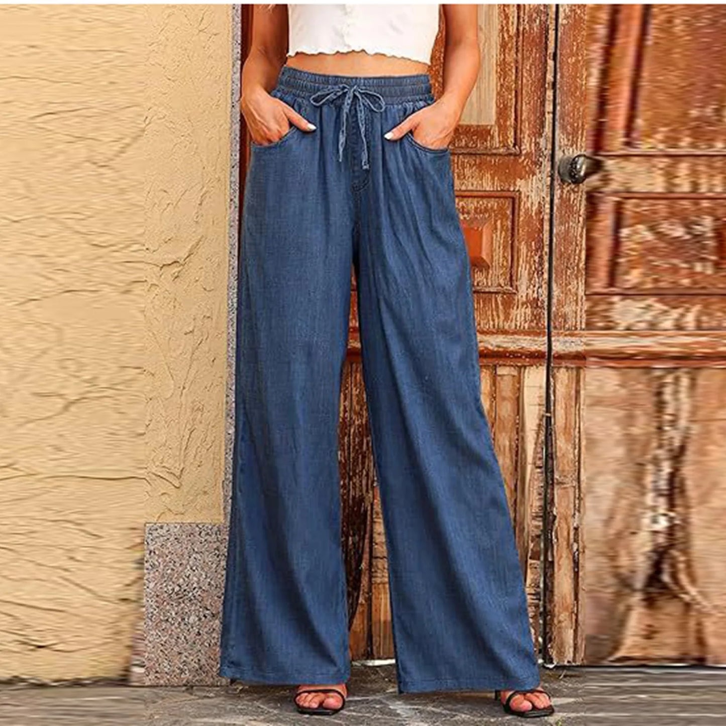 Women summer loose straight jeans drawstring pocket Sweatpants