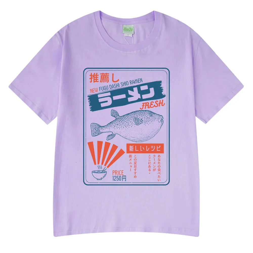 Vintage Fugu Puffer Fish Ramen T-Shirts Men Women Clothing Summer 100% Cotton Tee Shirt Fashion Crewneck Short Sleeve T Shirt