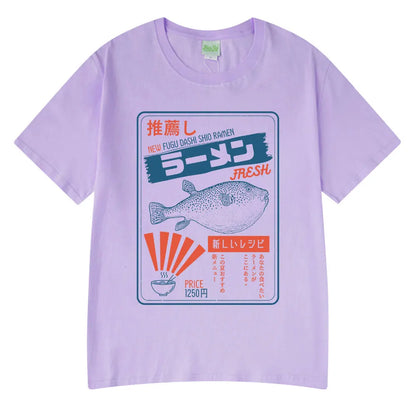 Vintage Fugu Puffer Fish Ramen T-Shirts Men Women Clothing Summer 100% Cotton Tee Shirt Fashion Crewneck Short Sleeve T Shirt