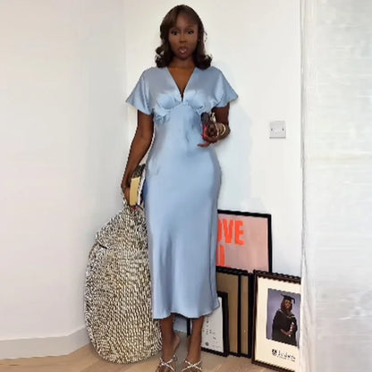 Midi Satin Dress Womens Dresses Black Khaki Blue Dress Summer 2025 Woman Ruffled V-Neck Bat Sleeve Vestido Party Dress 066