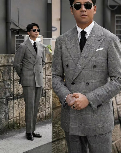 British Style Patterned Men's Suit 2-Piece Set（Jacket+Pants) Double Row Business Blazers Banquet Men's Groom Wedding Attire