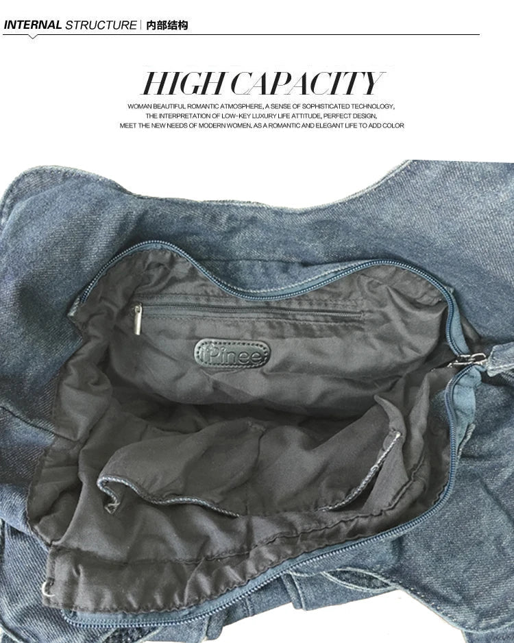 Women's Denim Bag Y2K Vintage Blue Jean Purse and Handbags Crossbody Shoulder Wallet Large Capacity