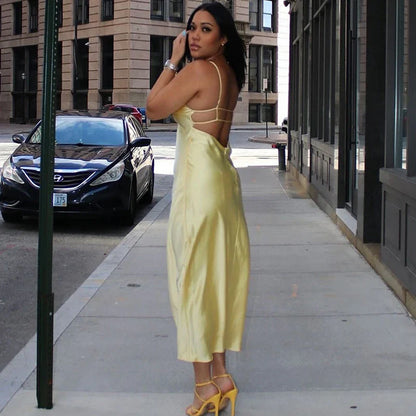 Yellow Dresses Women Satin V Neck Midi Dress Summer Backless Strap Slip Dresses Elegant Evening Party Dress 2025 Vestidos