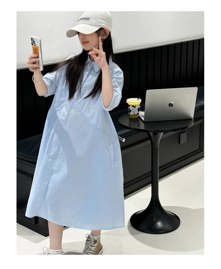 Girls' Dress Short Sleeve Fluffy High-End School Style Medium to Large Sizes Trendy Fashionable, Lightweight
