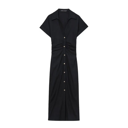 New  Women's elegant holiday style refreshing and comfortable short-sleeved V-neck MIDI dress