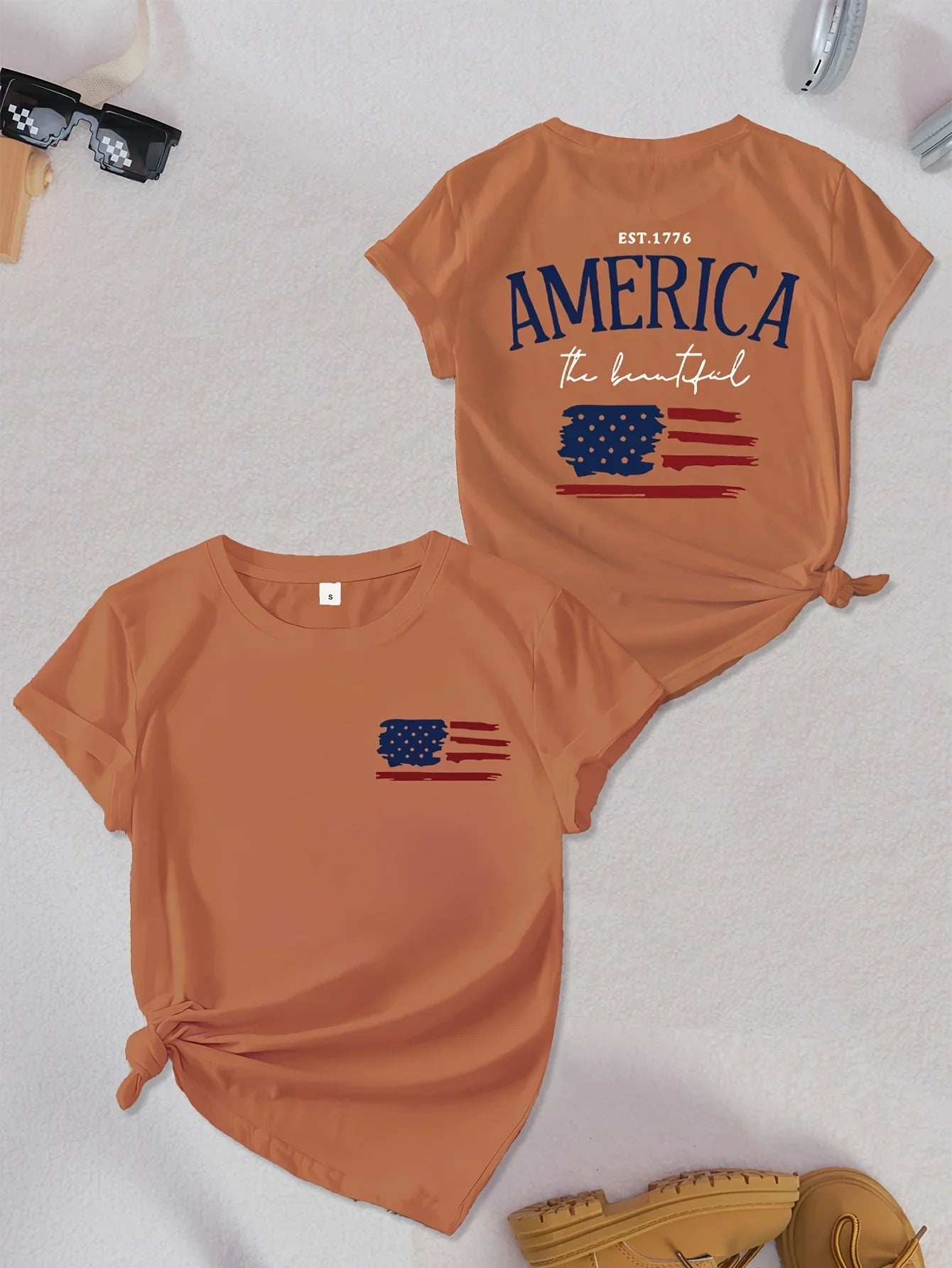 American Flag Print T-Shirt Independence Day Short Sleeve Crew Neck Casual Top For Summer & Spring Women's Clothing