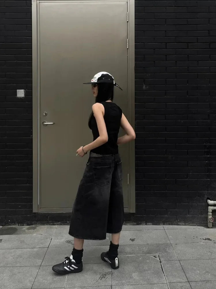 Women Black Y2k Style Baggy Denim Shorts Wide Leg Capri Pants