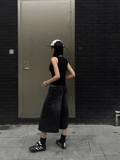 Women Black Y2k Style Baggy Denim Shorts Wide Leg Capri Pants