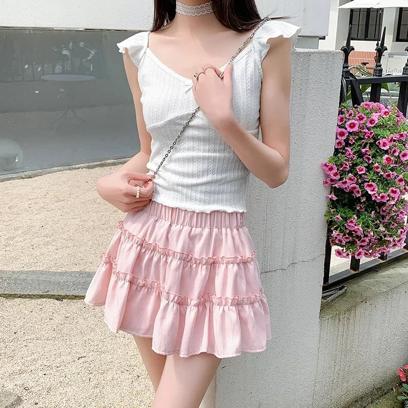 Elegant pink mini dress new summer thin style French ballet design cake skirt lace edge WOMEN'S JK skirt