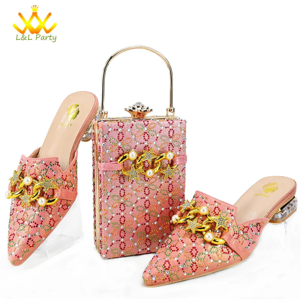 Low Heels Comfortable Sweet Style Italian Design Shoes Matching Bag Set in Orange Color High Quality with Crystal for Dress