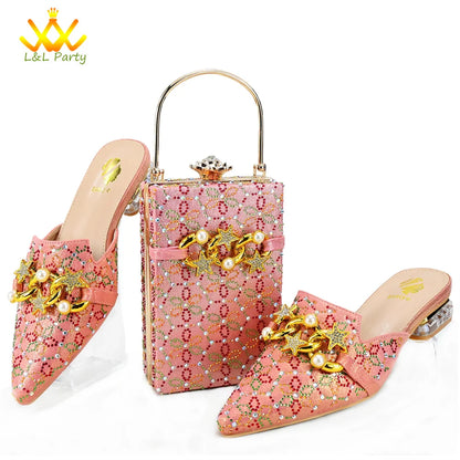 Low Heels Comfortable Sweet Style Italian Design Shoes Matching Bag Set in Orange Color High Quality with Crystal for Dress