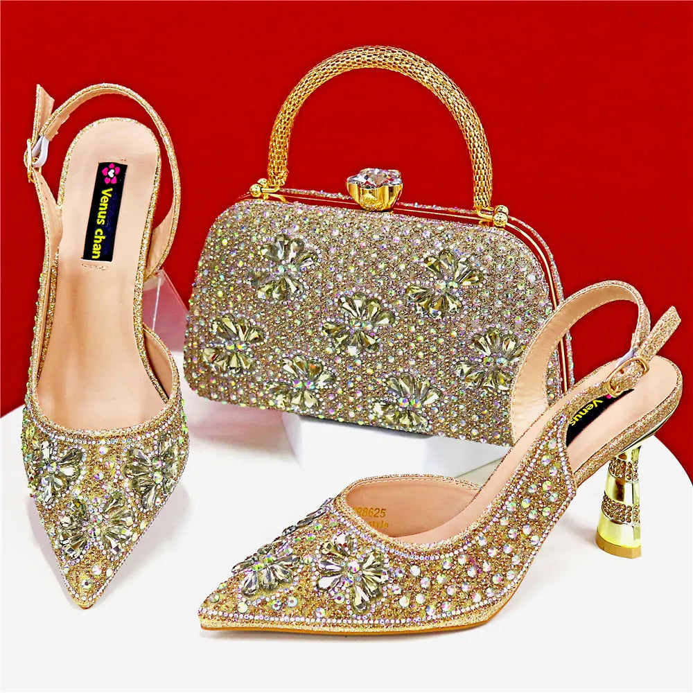 Nigerian Heel Party for Women Pink Color Shoes and Bag Set Rhinestone Handbag Italian Design Wedding INS 2025