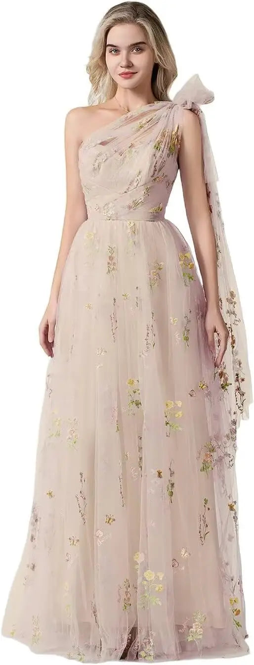Vestido Longo de Formatura Feminino Elegante de Um Ombro Só com Bordado Floral em Tule, Modelo Godê para Festas de Gala