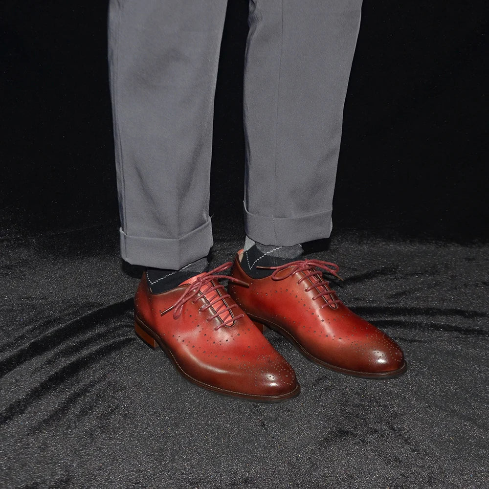Luxury Genuine Leather Men's Dress Shoes Red/Black Wingtip Oxford Formal Lace-up Brogue Business Man Shoes for Social Wedding