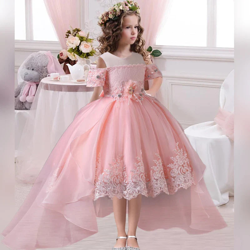 2026 New Summer Flower Girl Graduation Performance Tailcoat Embroidered Party Dress Trailing Tulle3-11 Years Old The Girl Dress