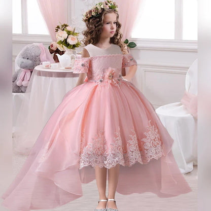 2026 New Summer Flower Girl Graduation Performance Tailcoat Embroidered Party Dress Trailing Tulle3-11 Years Old The Girl Dress