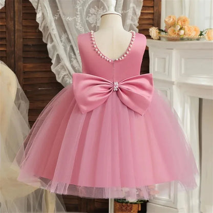 Princess Girl Bow Dress Kids Tulle Wedding Guest Party Birthday Pearls Elegant Bridesmaid Pageant Prom Ball Gown Gift