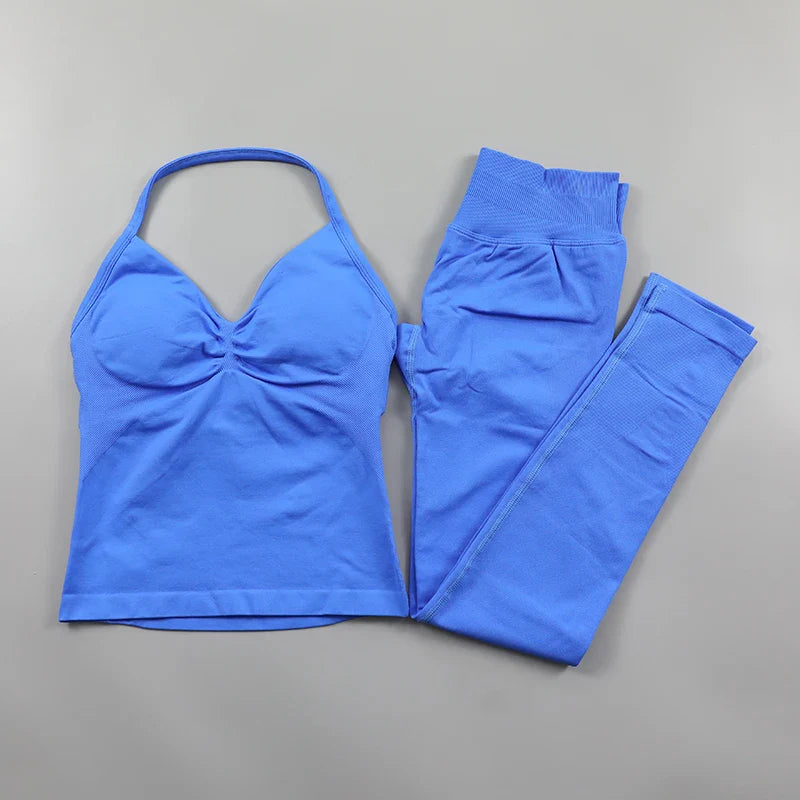Yoga Longline Strappy Top Leggings Set Women's Backless Camisole Built-In bra Vest High-Waisted Hip Lift Gym Shorts Sports Set