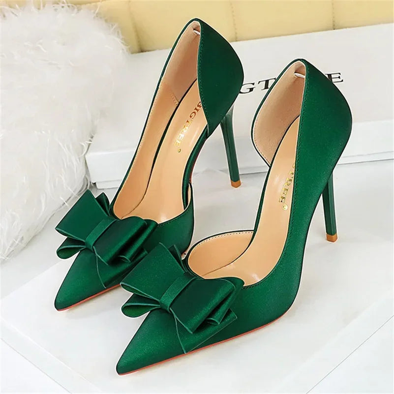 2024 Women 10.5cm High Heels Sweet Korean Side Hollow Pumps Lady Party Purple Green Kawaii Bowknot Heels Prom Silk Satin Shoes