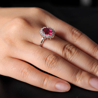 Halo Rings for Women Created Blue Sapphire Nano Emerald Red Ruby Princess Diana 2.67ct Oval Cut 925 Sterling Silver Rings