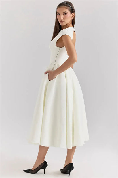 Women Circle Cut Out Back Dress Wide Shoulders and Fitted Waist Prom Dress Fluffy Hem Midi Wedding Party Dresses