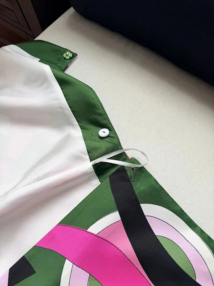 Summer Fashion Party Geometric Print High Quality Real Silk A-Line Mini Skirt Women's Buckle Strap Middle Waist Slim Short Skirt